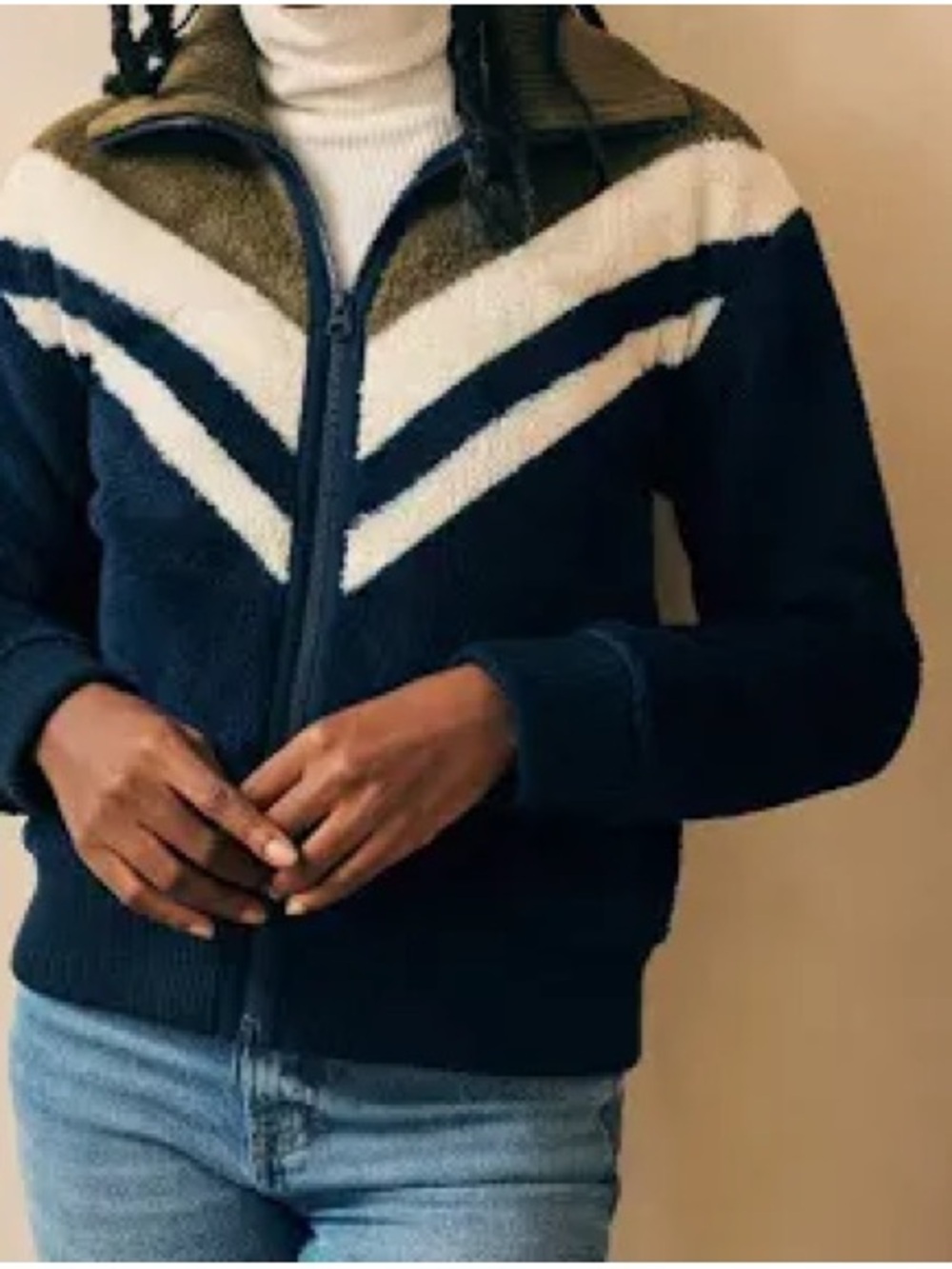 Faherty Ski Stripe High Pile Fleece Chevron Zip Up Jacket Navy Green Cream Small
